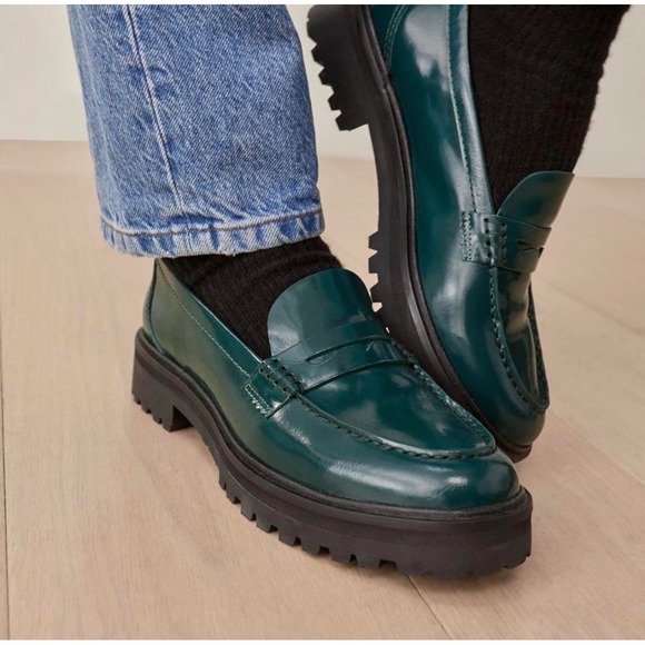 Reformation Shoes - Reformation Agathea Chunky Loafers Deep Forest Green Size 7 Lug Sole Flats